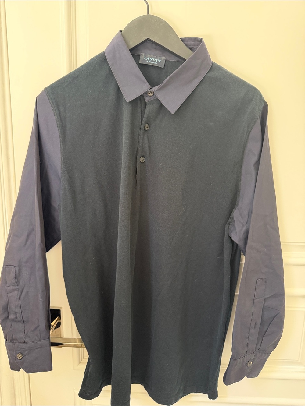 Lanvin Men's Black Body with Navy Sleeves Long-Sleeve Polo